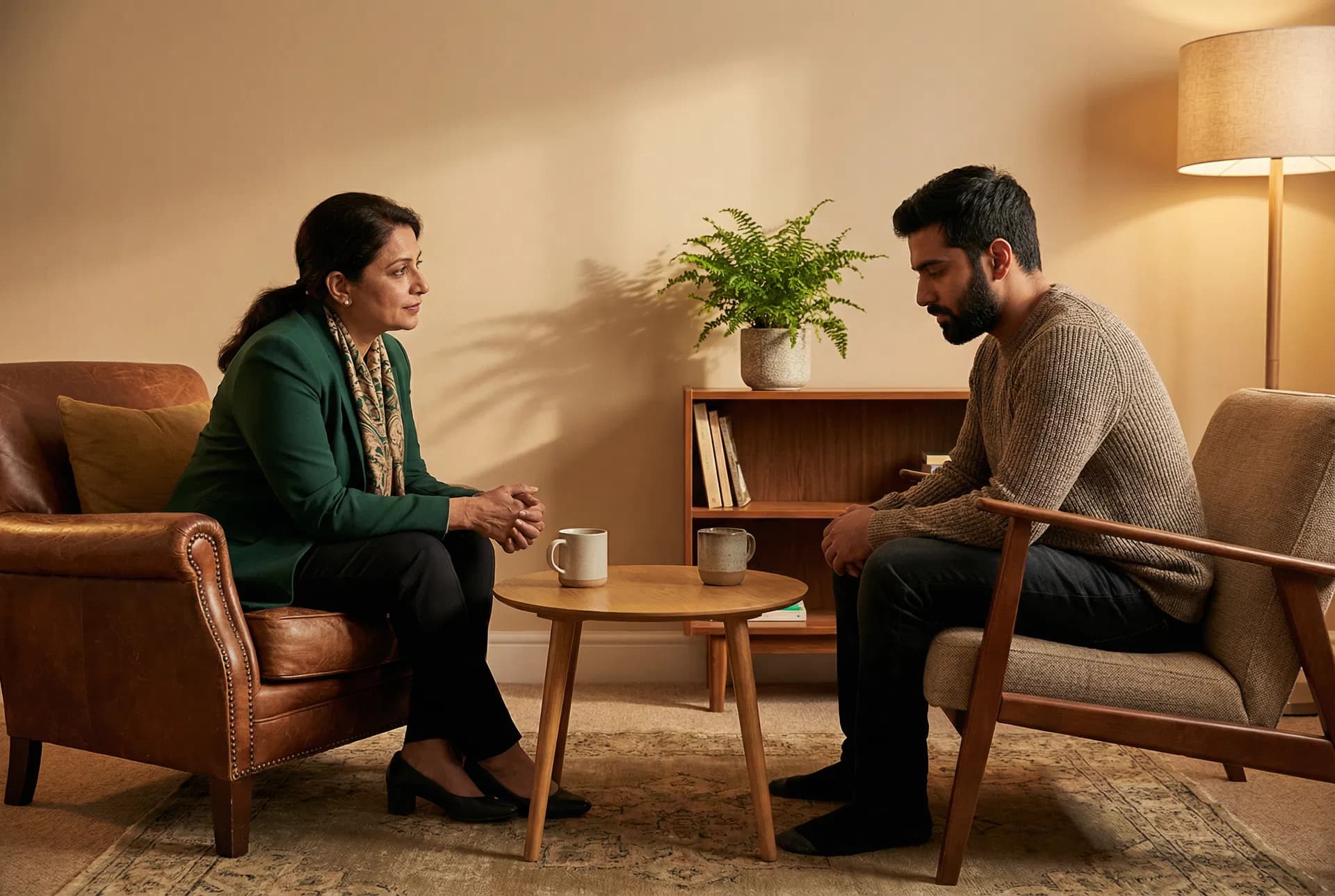 A therapist and patient in a warm, grounded session